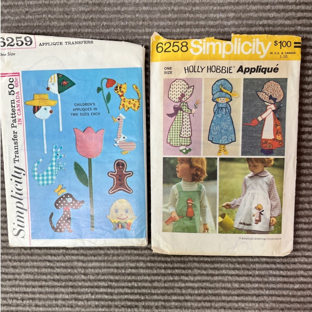 Vintage Simplicity 6258 6259 Holly Hobbie Applique Iron On Transfer Patterns Lot